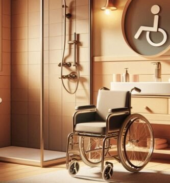 Zdjęcie wnętrza łazienki z toaletą dostosowaną do osoby poruszającej się na wózku inwalidzkim