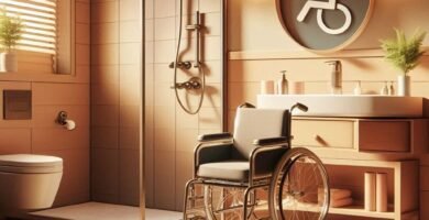 Zdjęcie wnętrza łazienki z toaletą dostosowaną do osoby poruszającej się na wózku inwalidzkim
