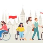 Rysunek w stylu komiksowym przedstawiający kilka osób niepełnosprawnych z symbolami Polski i Unii Europejskiej.