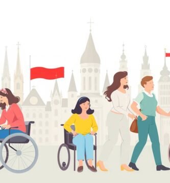 Rysunek w stylu komiksowym przedstawiający kilka osób niepełnosprawnych z symbolami Polski i Unii Europejskiej.