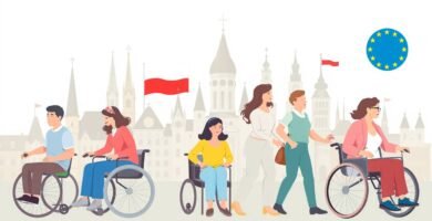 Rysunek w stylu komiksowym przedstawiający kilka osób niepełnosprawnych z symbolami Polski i Unii Europejskiej.
