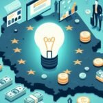 Obraz mapy Unii Europejskiej w centrum, z symbolem żarówki pośrodku i symbolami pieniędzy wokół, wszystko w stylu kreskówkowym.