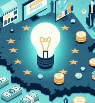 Obraz mapy Unii Europejskiej w centrum, z symbolem żarówki pośrodku i symbolami pieniędzy wokół, wszystko w stylu kreskówkowym.