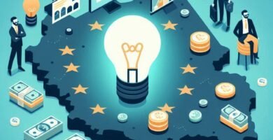 Obraz mapy Unii Europejskiej w centrum, z symbolem żarówki pośrodku i symbolami pieniędzy wokół, wszystko w stylu kreskówkowym.