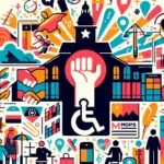 Obraz na białym tle powiązanych elementów kreskówek na temat osób niepełnosprawnych i