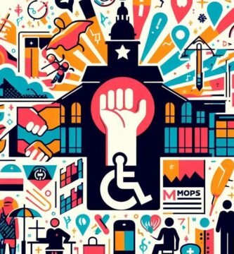 Obraz na białym tle powiązanych elementów kreskówek na temat osób niepełnosprawnych i