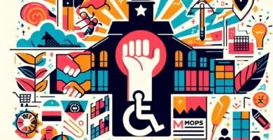 Obraz na białym tle powiązanych elementów kreskówek na temat osób niepełnosprawnych i
