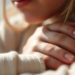 Zbliżenie młodej kobiety z rękami na piersi i zaniepokojonym wyrazem twarzy.