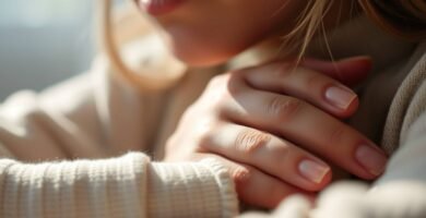 Zbliżenie młodej kobiety z rękami na piersi i zaniepokojonym wyrazem twarzy.